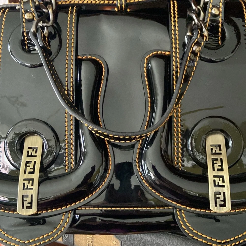 Fendi B Bag Purse in Black Patent Leather with Orange Contrast Top Stitching - Picture 16 of 16